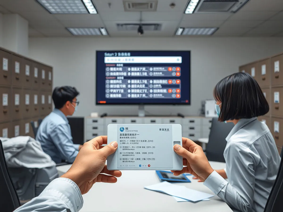 政府办公场景，工作人员使用档案查询系统