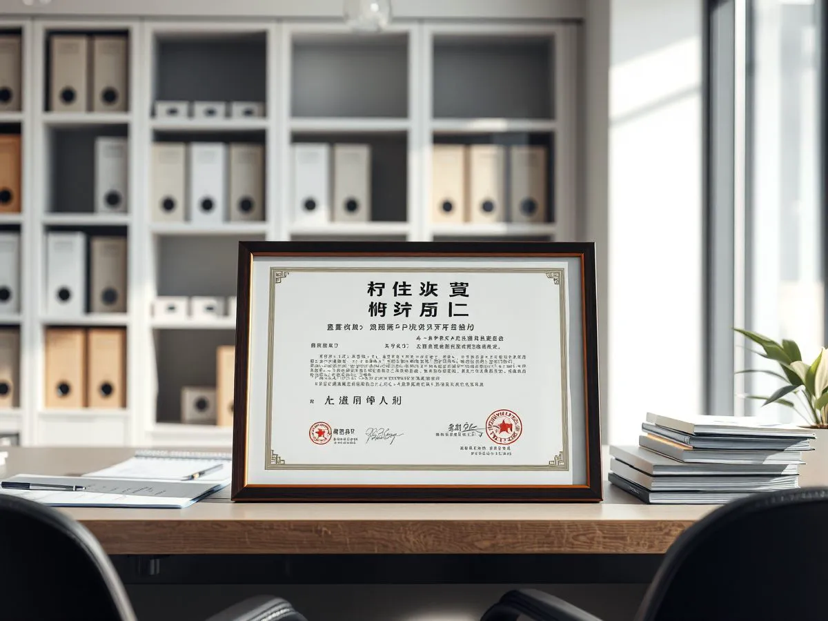启易普专利证书展示在办公桌上，背景为档案柜
